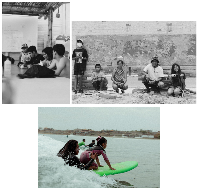 Waves Lobitos es una organización sin fines de lucro con sede en el norte de Perú que utiliza el surf y las prácticas creativas como herramientas para el desarrollo sostenible, el empoderamiento de la juventud local y la gestión de los océanos. Enlace: Crédito de fotografía: Brunella Mesinas. Fuente: Henry Espinoza, Director de Waves Lobitos.
