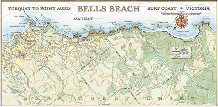 Mapa de los puntos de surf de Bells Beach, desde Torquay hasta Point Addis. Fuente:  Guy's Surfari Maps.