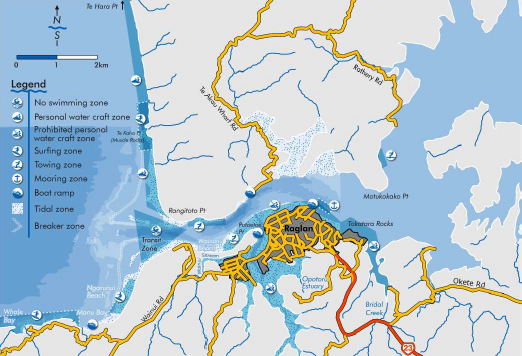 Mapa de Raglan sobre las zonas de Surf designadas.